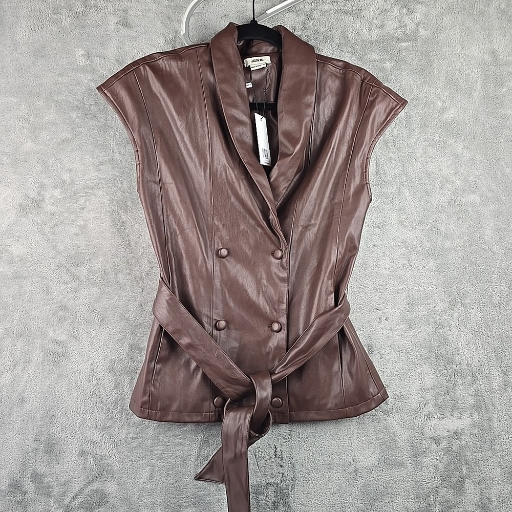 Jason Wu Faux Leather Vest Womens XS Brown Double Breasted With Belt MSRP $248
